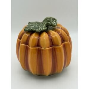 Majolica Pottery Pumpkin Tureen Cookie Jar Bowl/Lid Olfaire Portugal Fall EUC